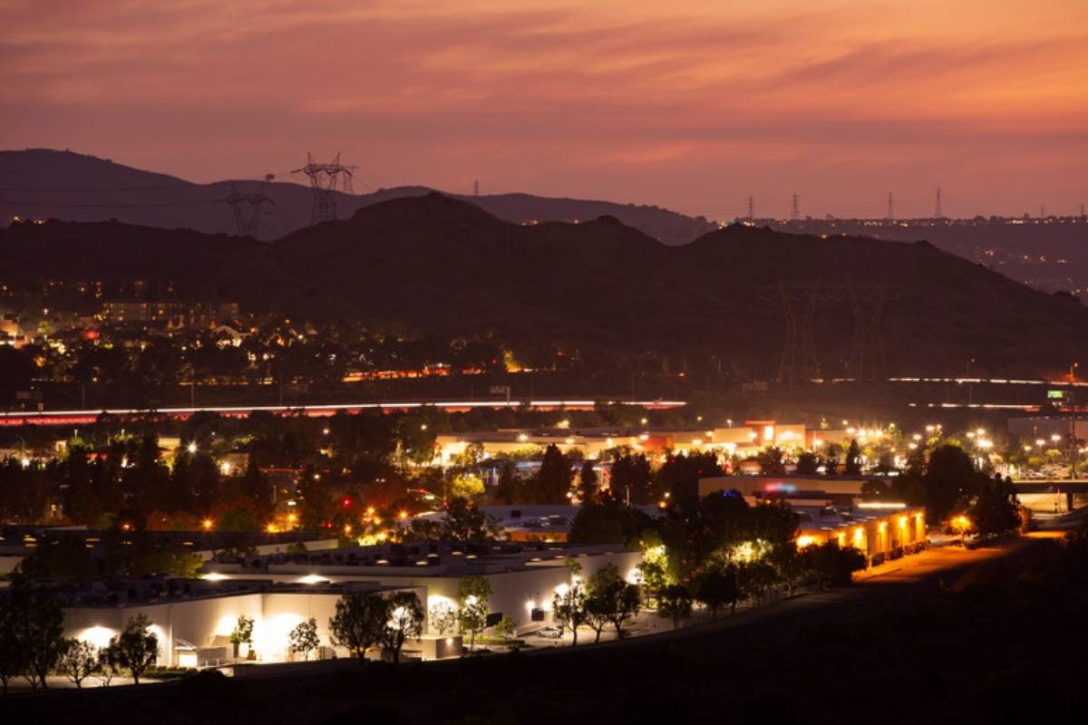 Anaheim Hills at dusk with city lights, Orange County
