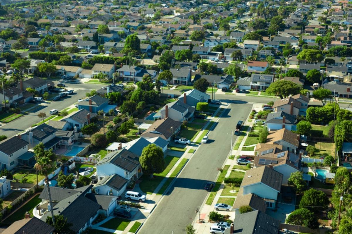 Aerial view of a residential neighborhood in Fountain Valley, Orange County