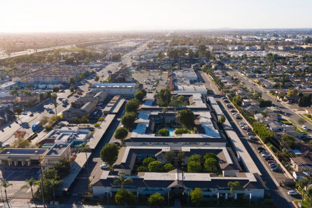 Aerial view of Garden Grove neighborhoods at golden hour, Orange County
