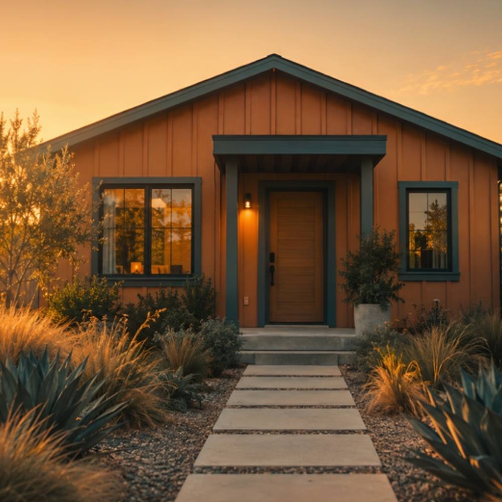 Backyard accessory dwelling unit (ADU) cottage at golden hour