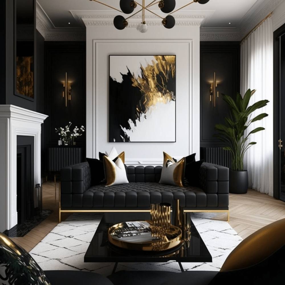 Elegantly staged living room with black and gold decor